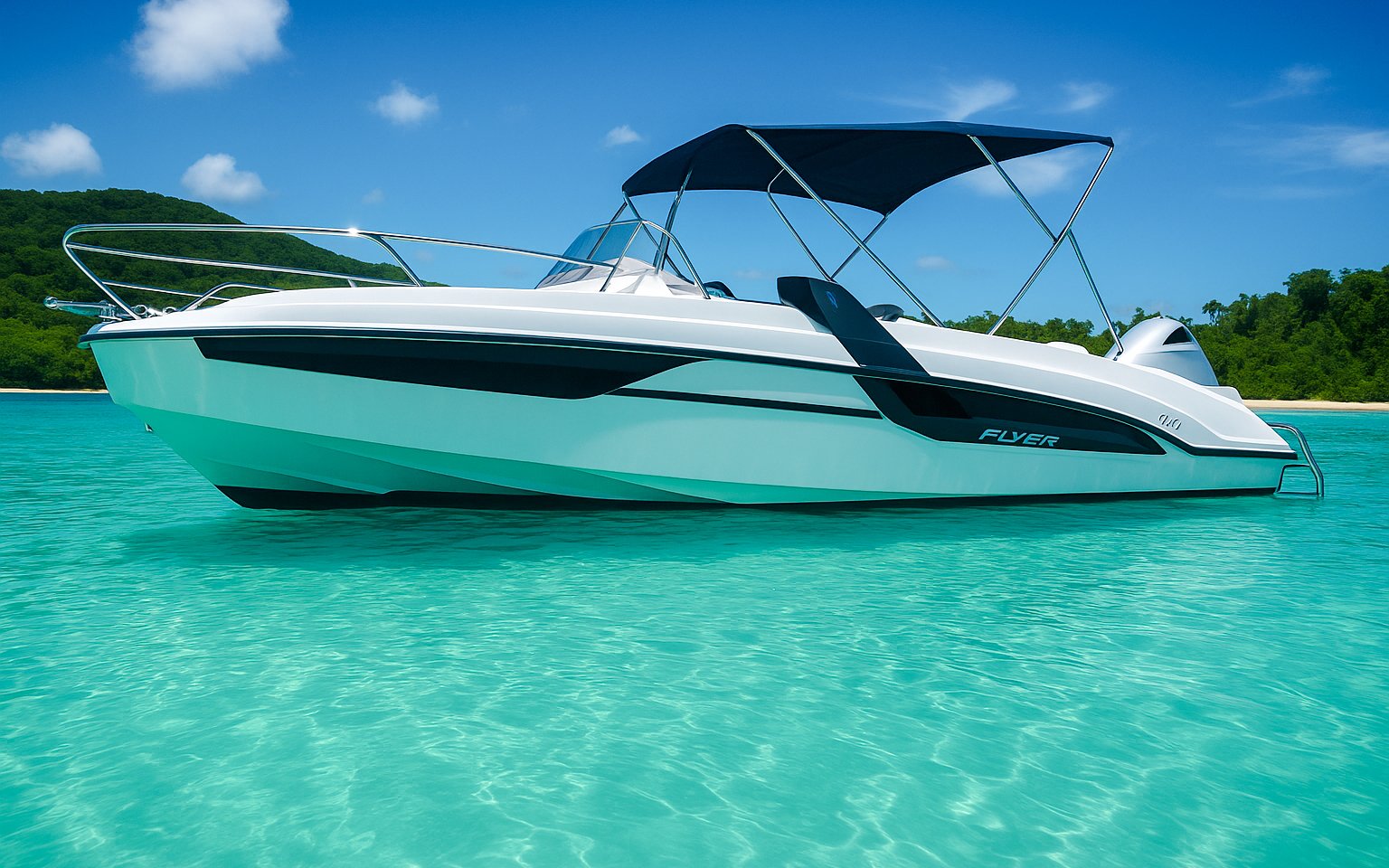 Private boat anchored in turquoise waters near Lérins Islands, Cannes.