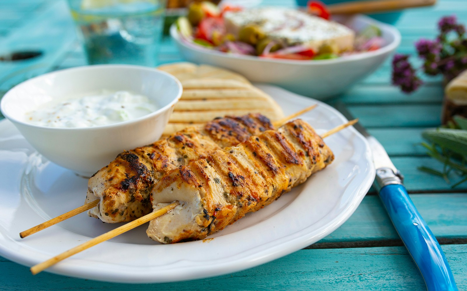 Grilled Souvlaki skewers with pita and tzatziki on a plate, Greek cuisine.