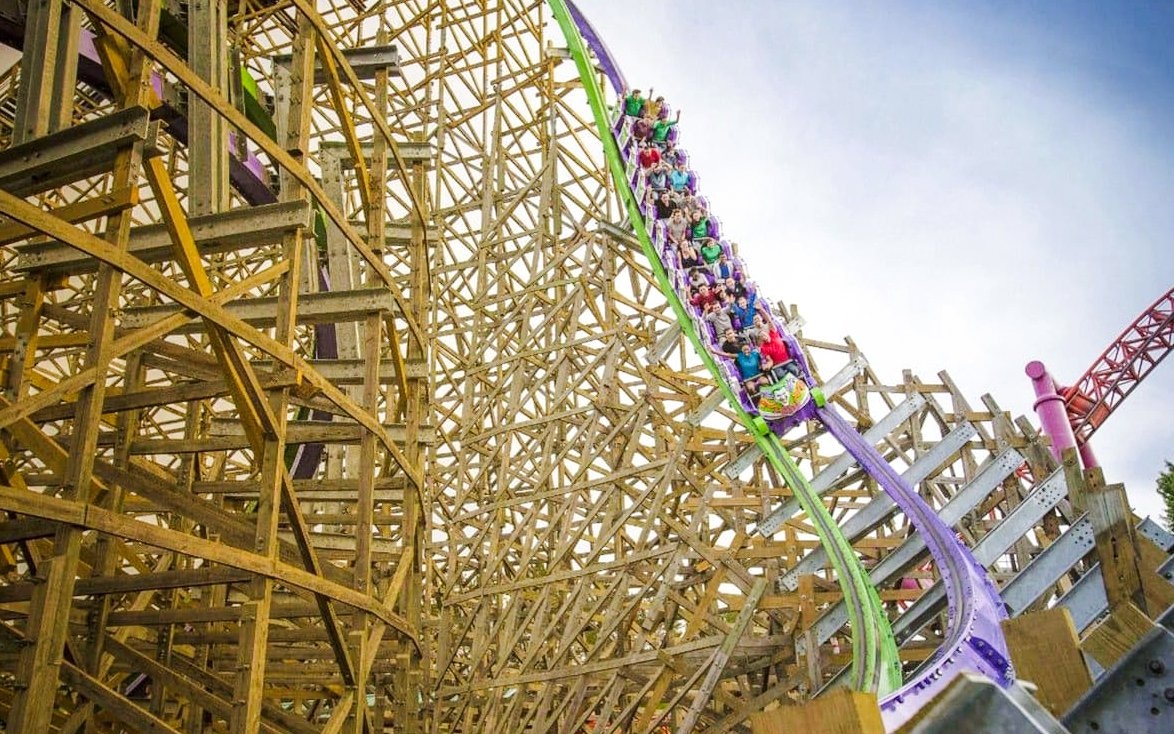 Roller coaster descent on The Joker at Six Flags Discovery Kingdom.