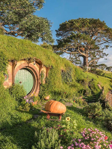 Hobbiton Movie Set with round door and lush greenery in Auckland.