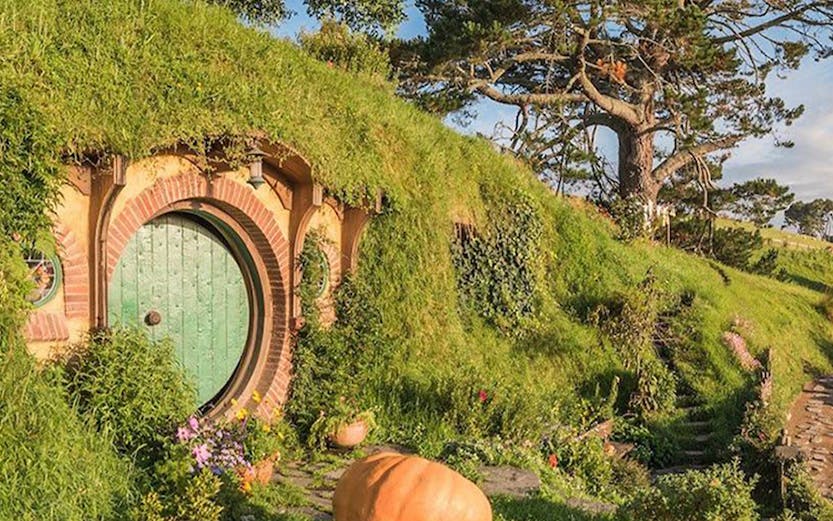 Hobbiton Movie Set with round door and lush greenery in Auckland.