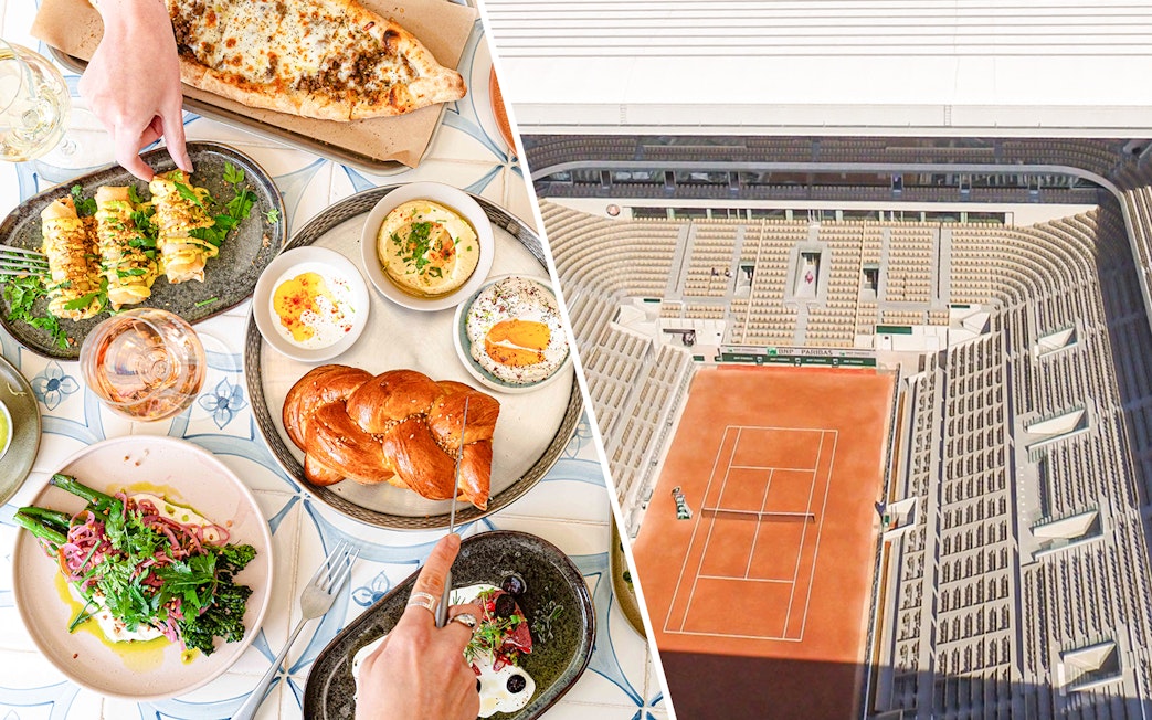 Food selection at Brasserie Auteuil with tennis court view.