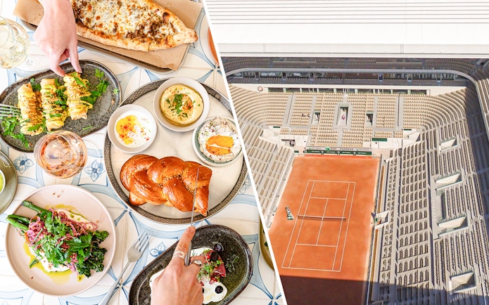 Food selection at Brasserie Auteuil with tennis court view.