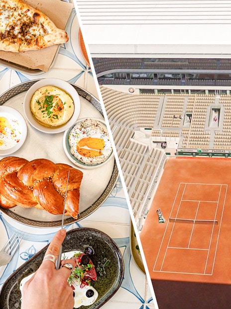 Food selection at Brasserie Auteuil with tennis court view.