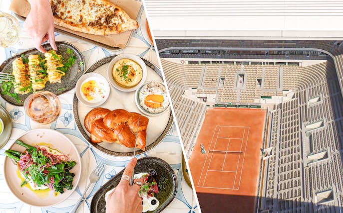 Food selection at Brasserie Auteuil with tennis court view.