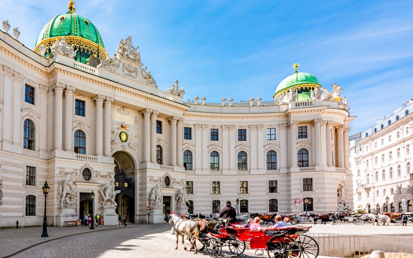 Horse-drawn carriage in front of Hofburg Palace, Vienna, near the Spanish Riding School.