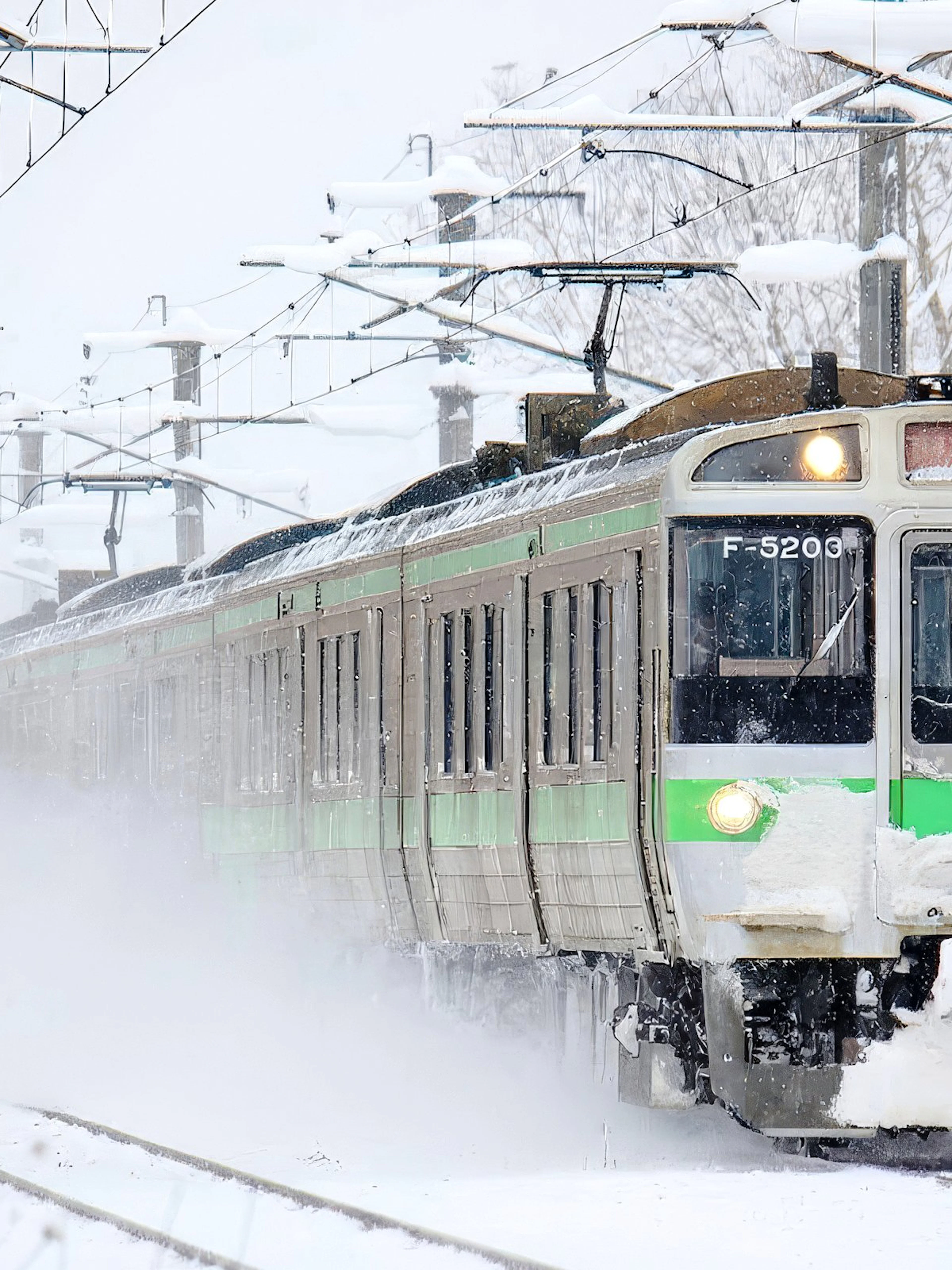 Train traveling through snowy landscape in Hokkaido, Japan, using JR Hokkaido Rail Pass.
