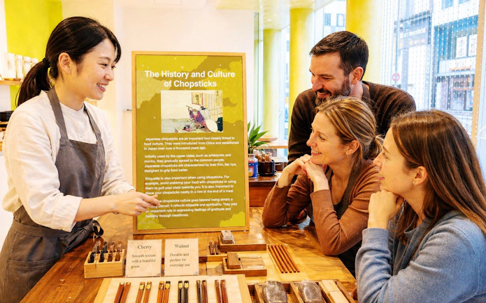 Chopstick-making workshop in Ginza with participants learning about history and culture.