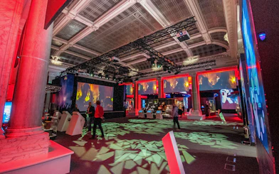 Interactive exhibit at The British Music Experience with colorful lighting and displays.