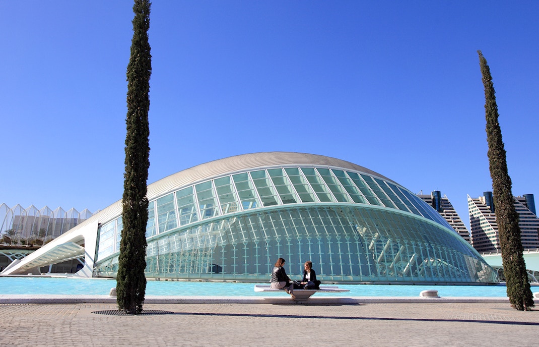 Valencia Science Museum exterior with futuristic architecture in City of Arts and Sciences, Spain.