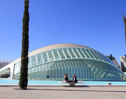 Valencia Science Museum with futuristic architecture and visitors seated by the water.