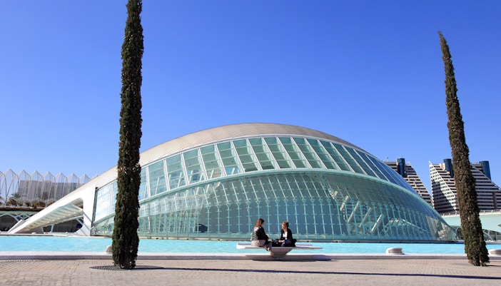 Valencia Science Museum exterior with futuristic architecture in City of Arts and Sciences, Spain.