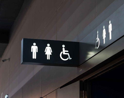 Washroom signs at London Palace Theatre entrance.