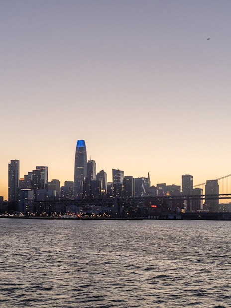 City skyline and bridge at sunset during California cruise.