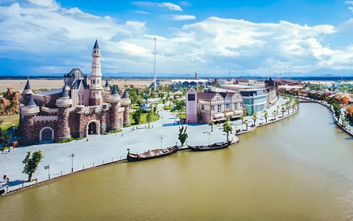 Vinwonders Nam Hoi An Theme Park castle and canal view.