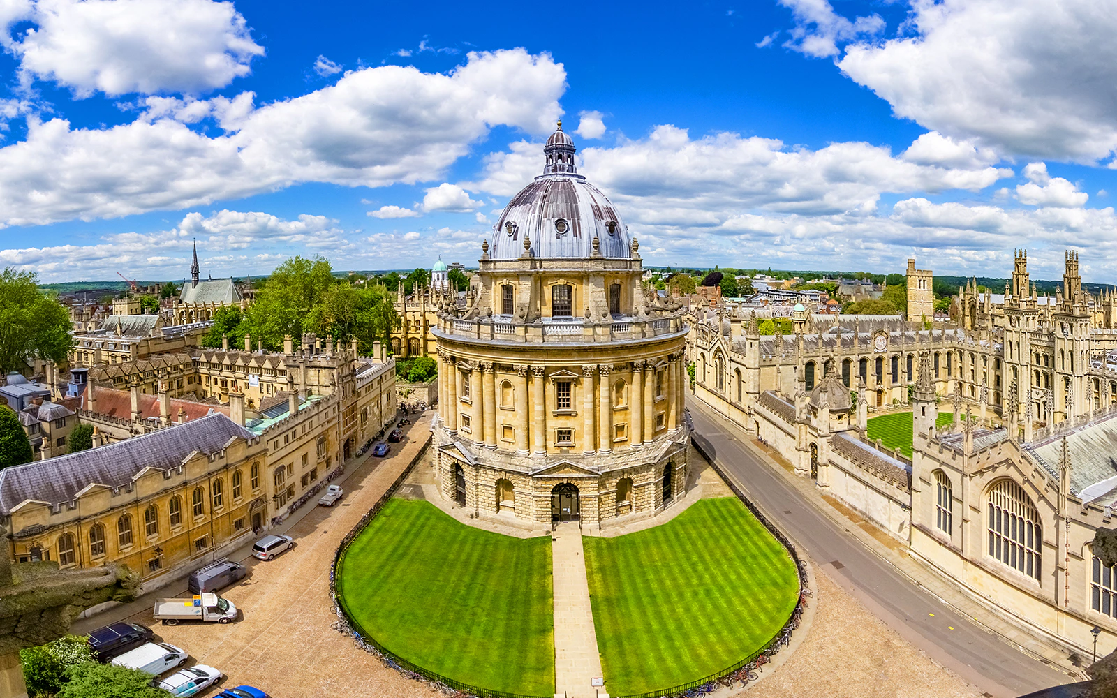 Aerial view of Radcliffe Camera at Bodleian Library, University of Oxford, surrounded by historic buildings.