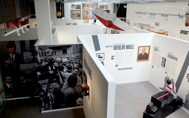 Prague Museum of Communism exhibit on Berlin Wall and dissidents.