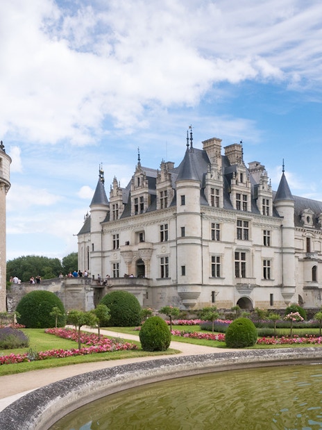 Chenonceau Castle with gardens and moat in Loire Valley, France.