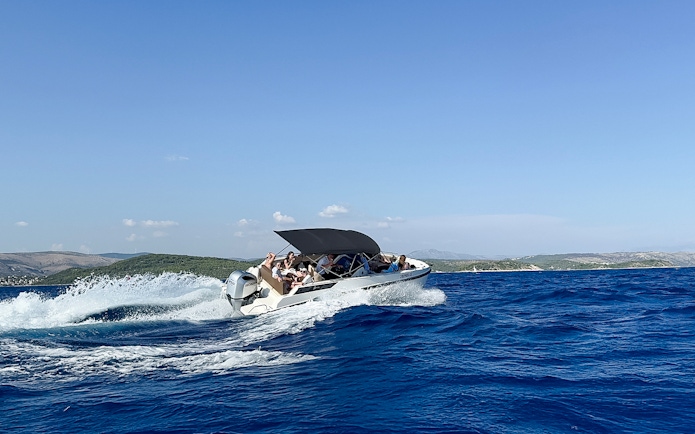 Speedboat cruising during Blue Lagoon & Trogir half day tour, Croatia.