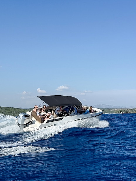 Speedboat cruising during Blue Lagoon & Trogir half day tour, Croatia.
