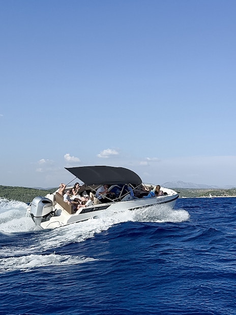 Speedboat cruising during Blue Lagoon & Trogir half day tour, Croatia.