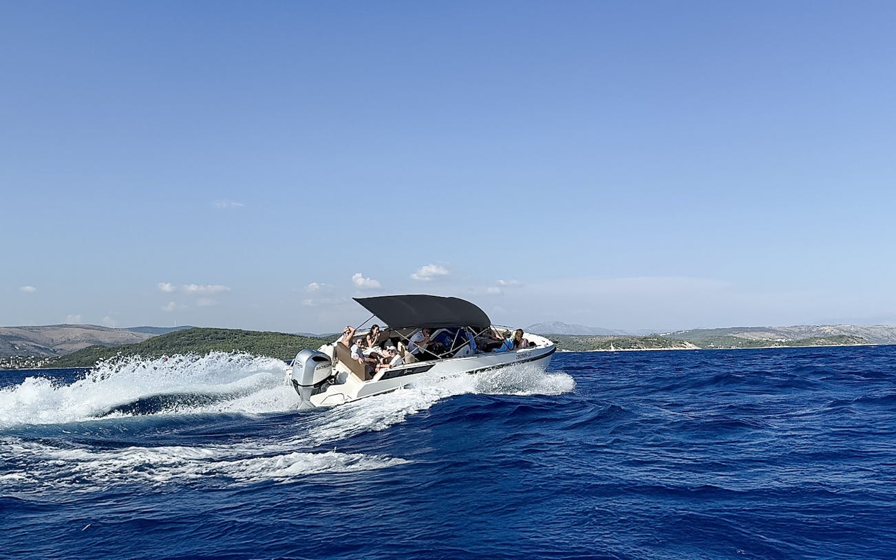 Speedboat cruising during Blue Lagoon & Trogir half day tour, Croatia.