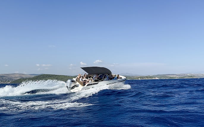 Speedboat cruising during Blue Lagoon & Trogir half day tour, Croatia.