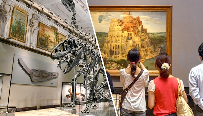 Dinosaur skeleton and visitors viewing a painting in a museum.