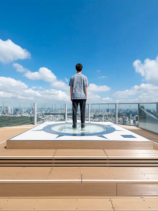 Person standing on Shibuya Sky observation deck overlooking Tokyo cityscape.