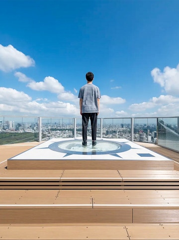 Person standing on Shibuya Sky observation deck overlooking Tokyo cityscape.