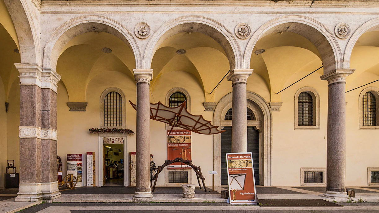 Leonardo da Vinci Museum entrance with flying machine exhibit in Rome.
