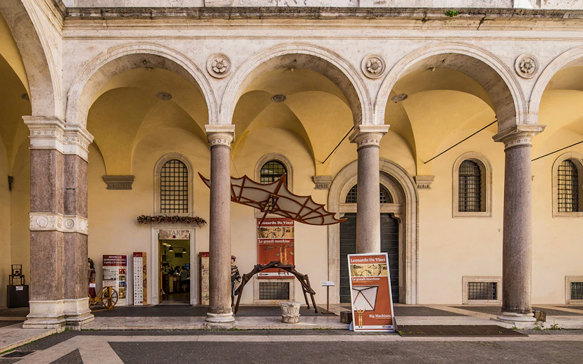 Leonardo da Vinci Museum entrance with flying machine exhibit in Rome.