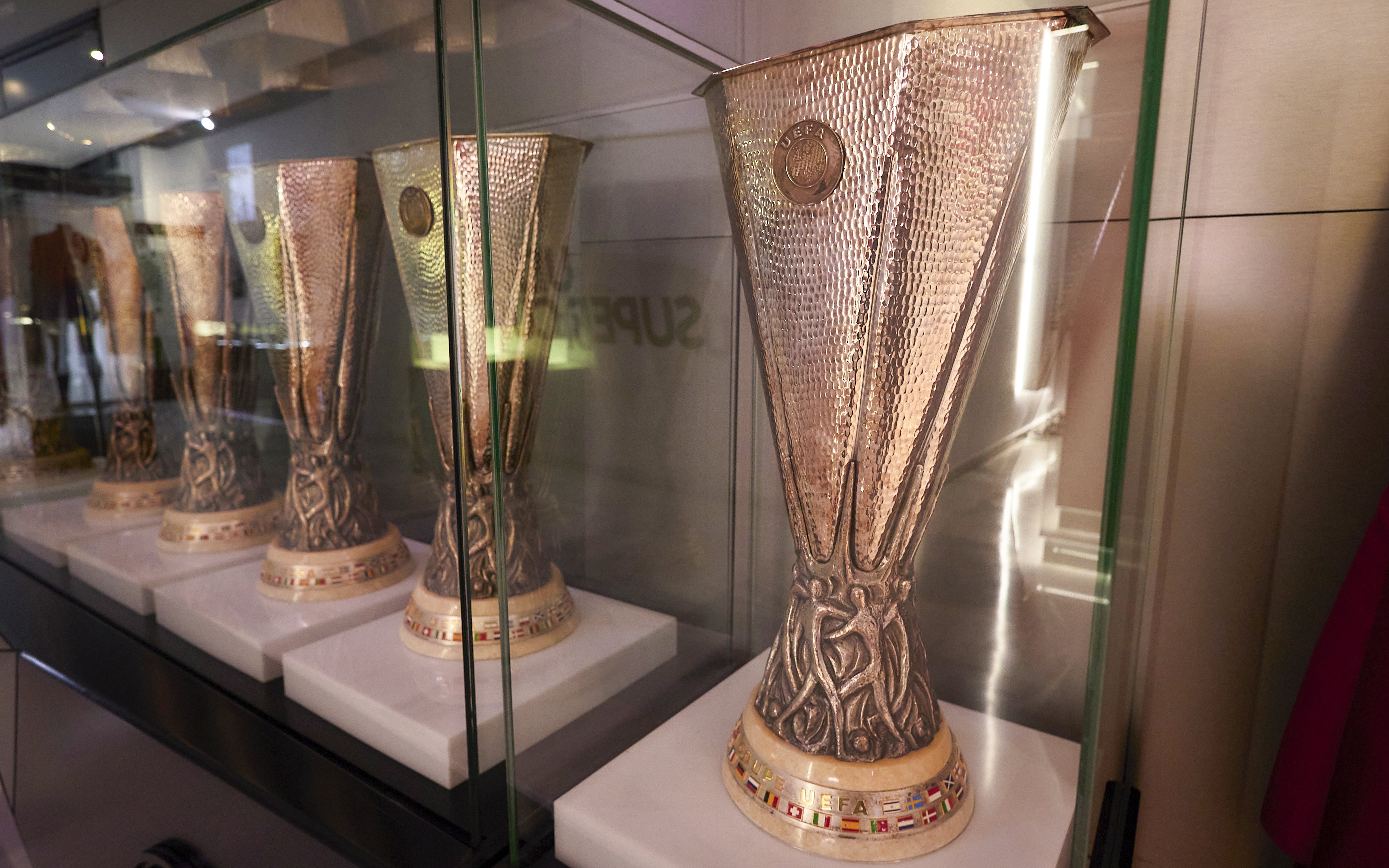 UEFA Europa League trophy displayed at Seville FC History Experience museum.