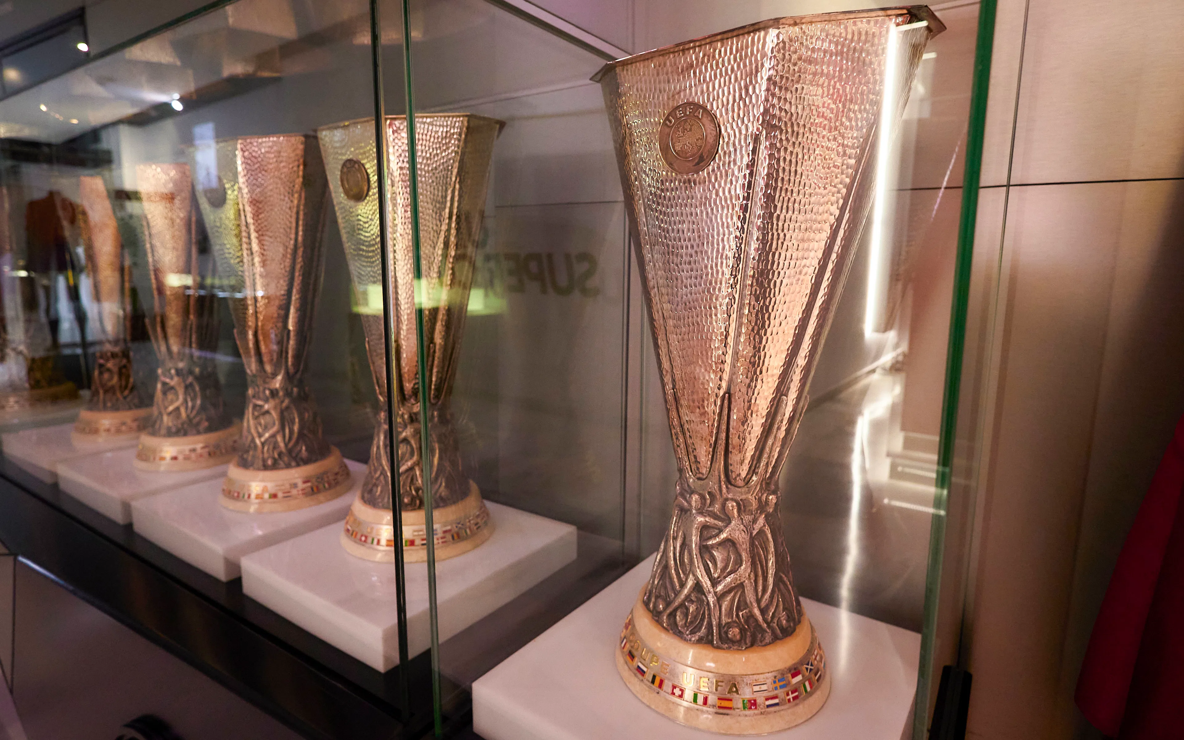 UEFA Europa League trophy displayed at Seville FC History Experience museum.