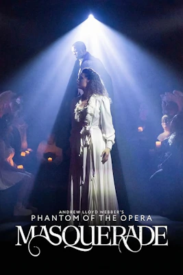 Stage scene from "Phantom of the Opera" Masquerade on Broadway, featuring performers in dramatic lighting.