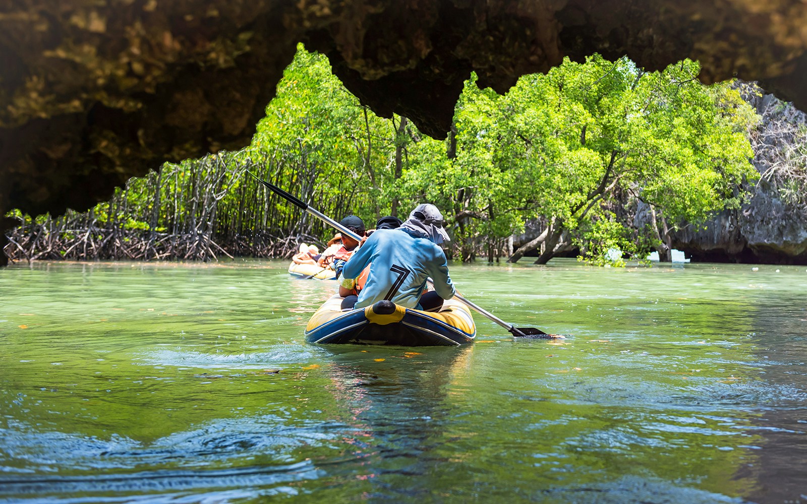 Kayakers paddling through mangroves in Phang Nga Bay, Thailand.