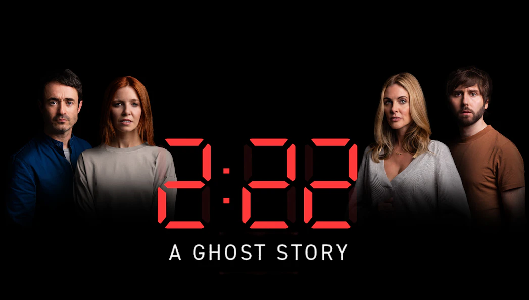 Cast of 2:22 - A Ghost Story with digital clock display