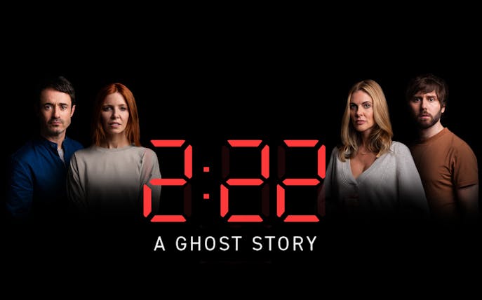 Cast of 2:22 - A Ghost Story with digital clock display