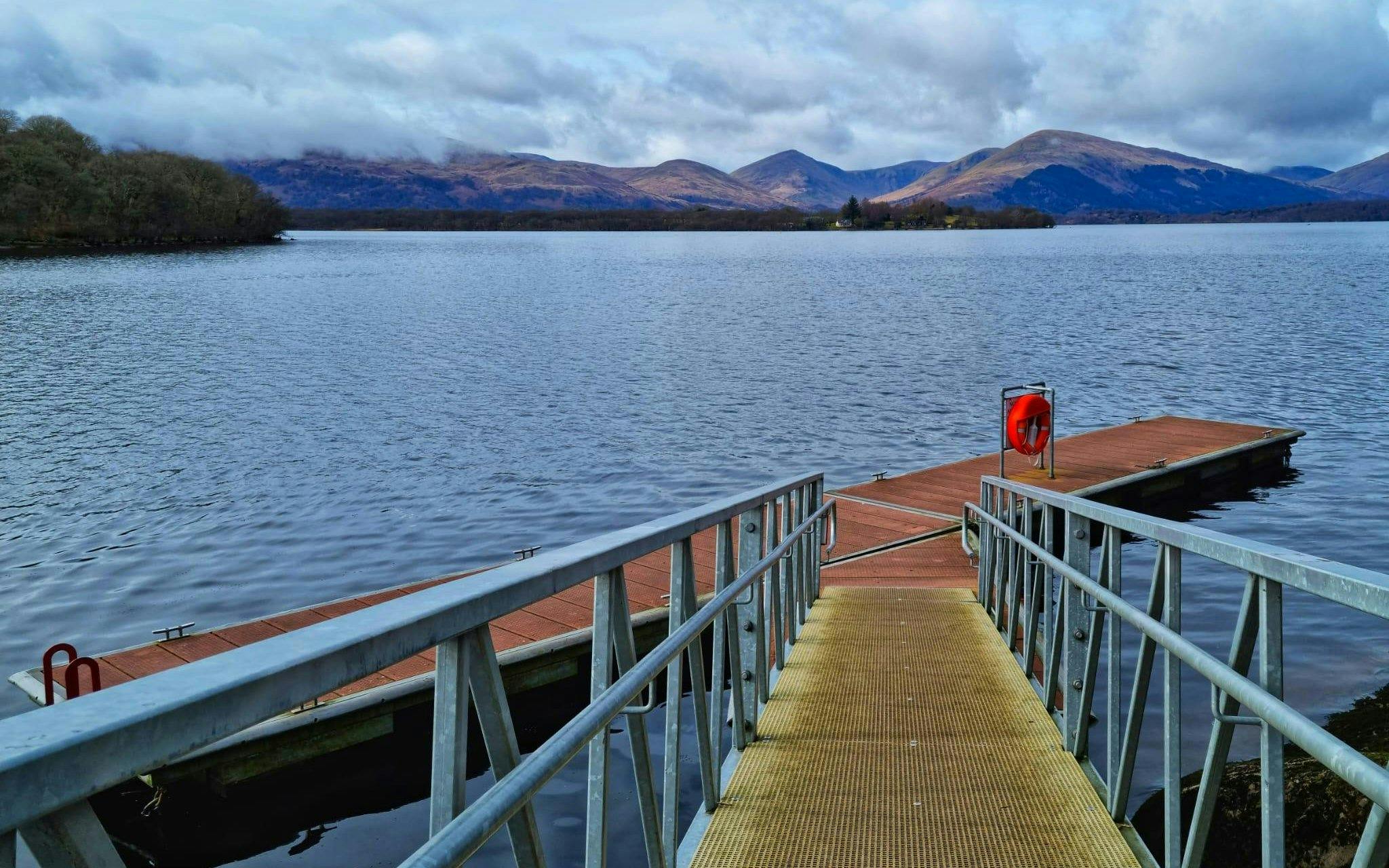 Floating metal pontoon pier in Balmaha on Loch Lomond's eastern shore.