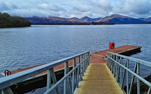 Floating metal pontoon pier in Balmaha on Loch Lomond's eastern shore.