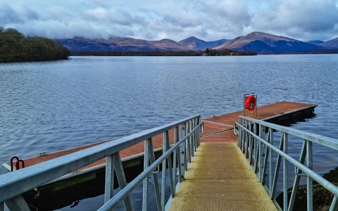 Floating metal pontoon pier in Balmaha on Loch Lomond's eastern shore.