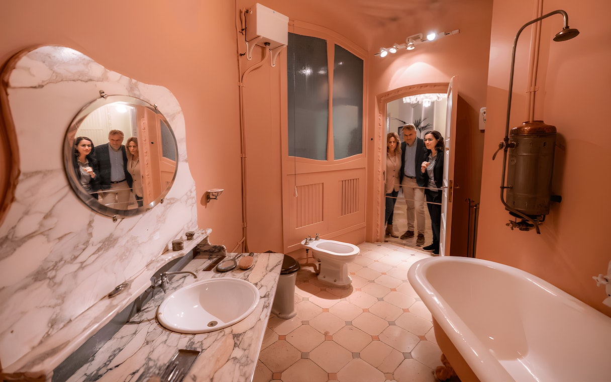 Washroom in La Padera's Tenants’ Apartment with marble sink and vintage fixtures.