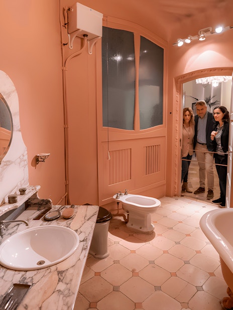 Washroom in La Padera's Tenants’ Apartment with marble sink and vintage fixtures.