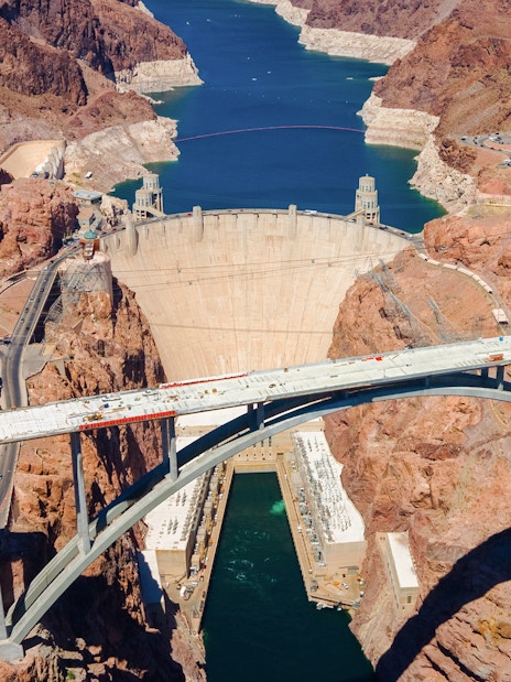 Aerial view of Hoover Dam and Colorado River Bridge in Nevada.