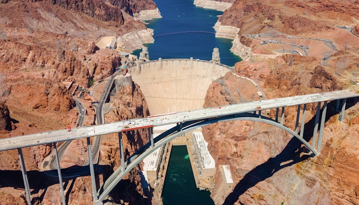 Aerial view of Hoover Dam and Colorado River Bridge in Nevada.