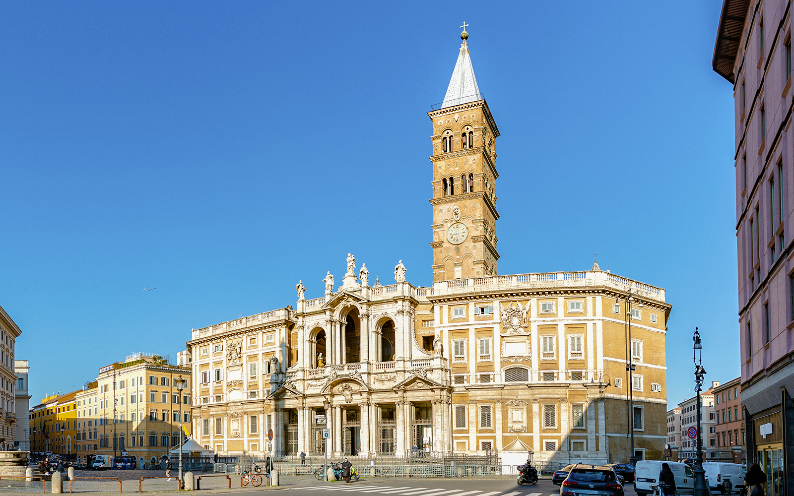 Santa Maria Maggiore Basilica in Rome with its ornate facade and bell tower.