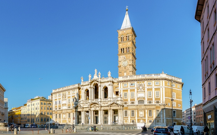 Santa Maria Maggiore Basilica in Rome with its ornate facade and bell tower.