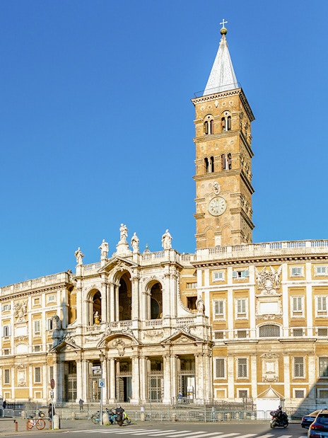 Santa Maria Maggiore Basilica in Rome with its ornate facade and bell tower.