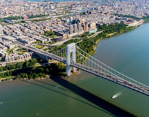 Aerial view of George Washington Bridge spanning the Hudson River in New York City.