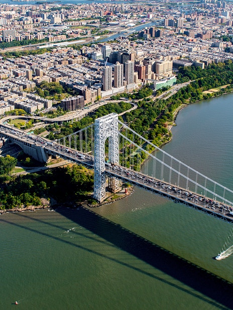 Aerial view of George Washington Bridge spanning the Hudson River in New York City.